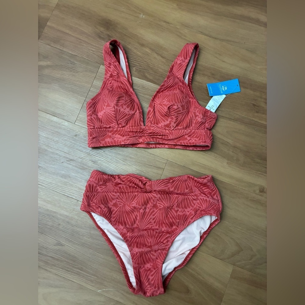 Cupshe Abstract Leafs Ruched Bralette & Twisted High Waist Bikini Set - Picture 2 of 6